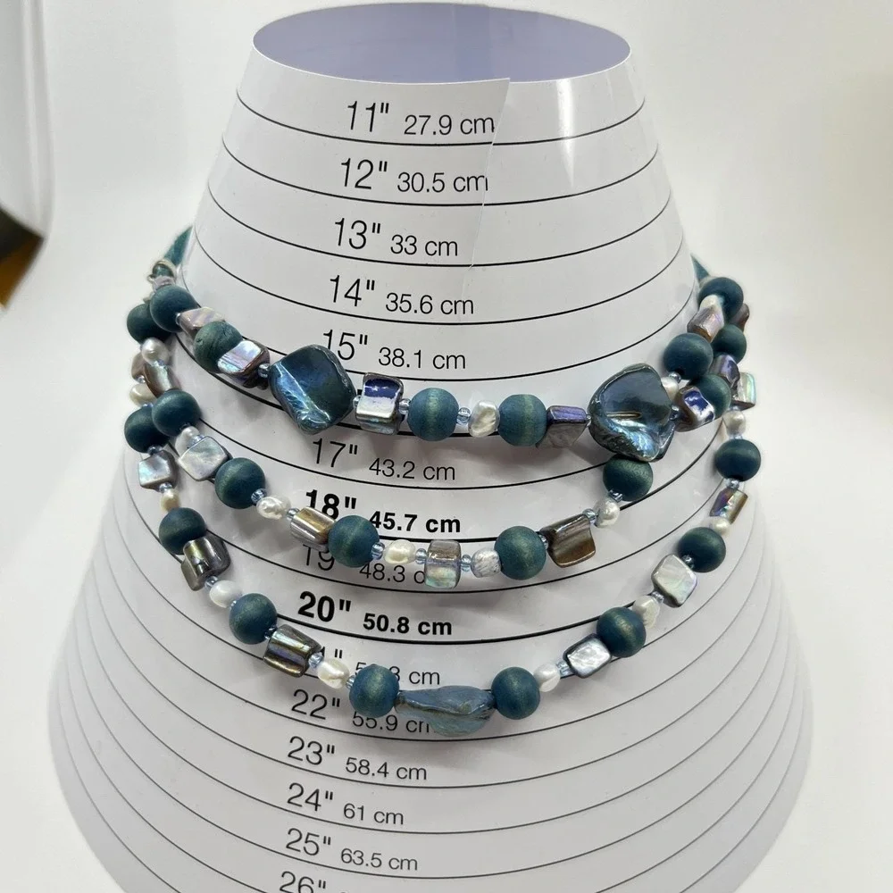 VTG Retro Boho Teal Multi-Strand Necklace Wood Mother Of Pearl Suede Y2K Coastal